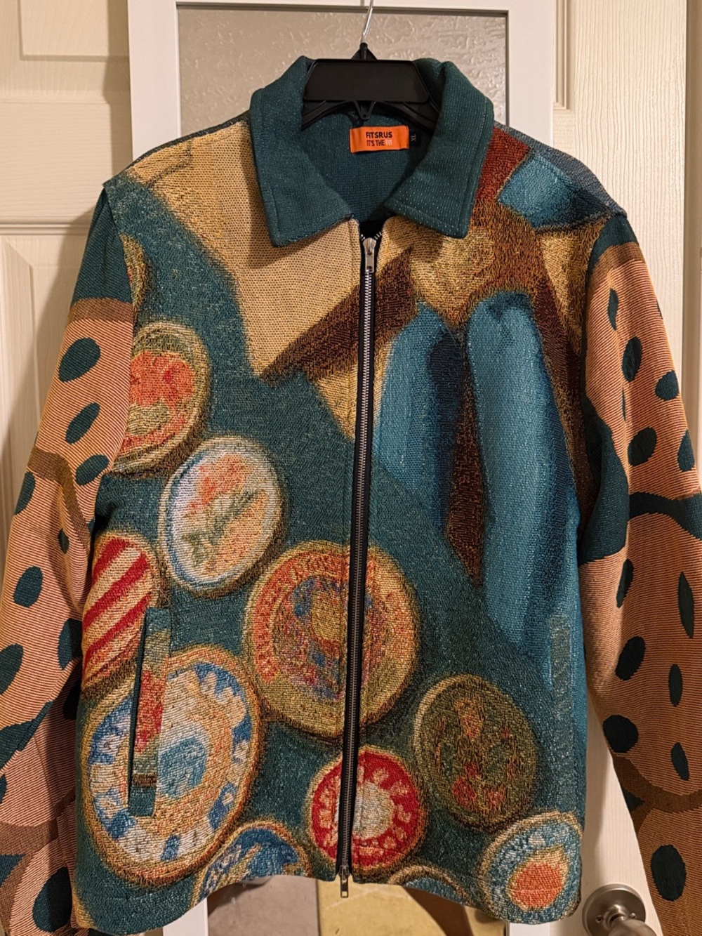 FITSRUS Teal Multicolor Artistic Zip-Front Bomber Jacket